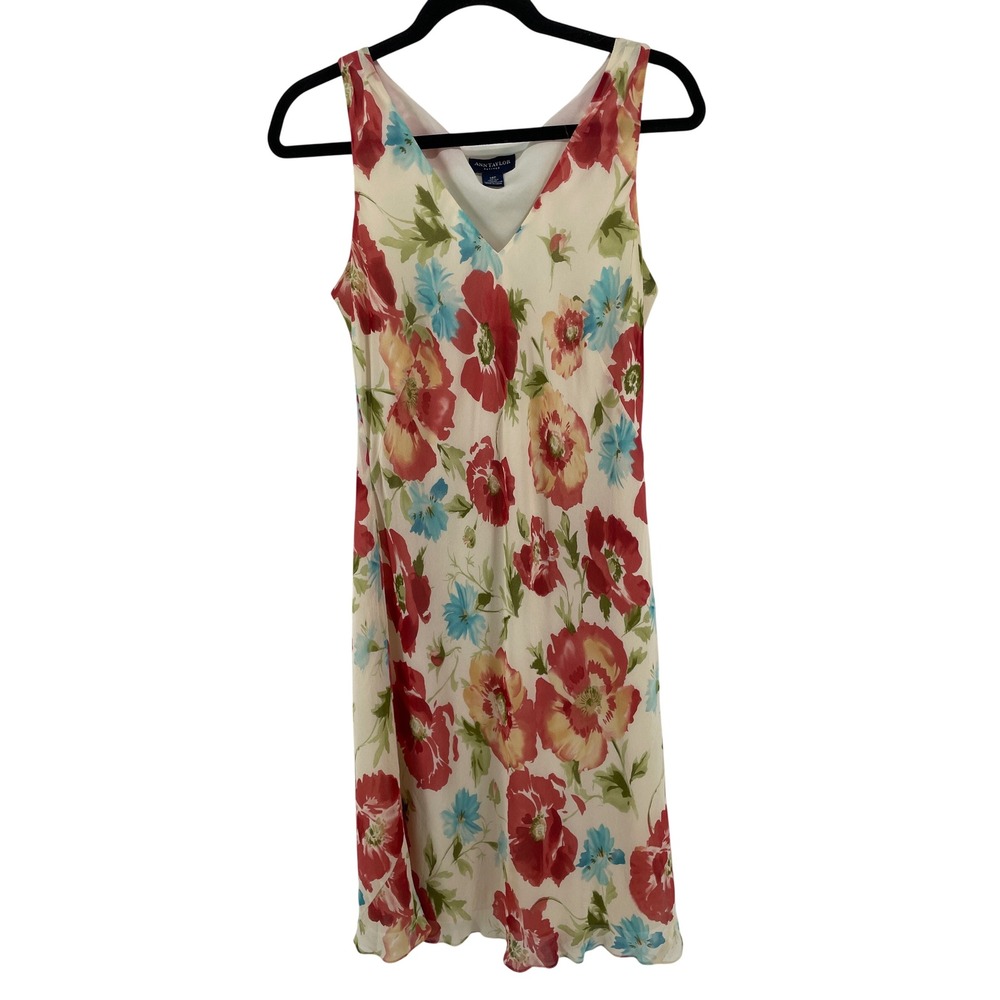 Ann Taylor Silk Dress Womens 14P Cream Floral Garden Party Romantic Cottagecore